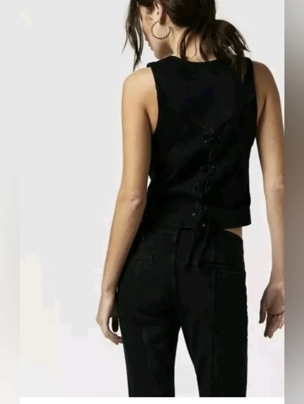 Free People Black Denim Vest With Tie Back